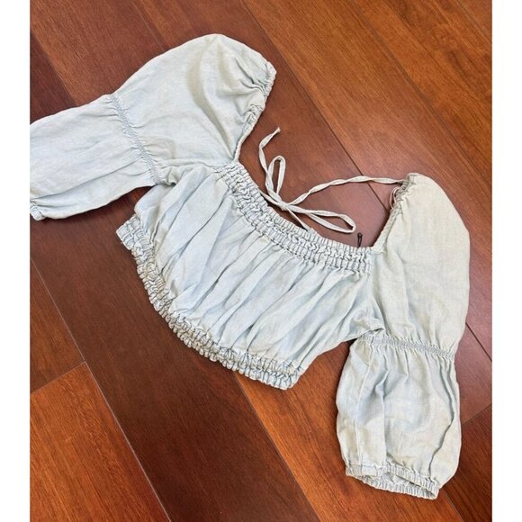 Zara Linen Blend Crop Top Womens Medium Light Blue Peasant Festival Peasant - Picture 1 of 4